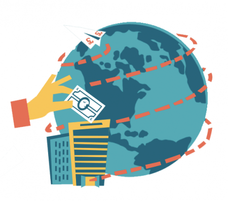 illustration of a globe, building and hand with money