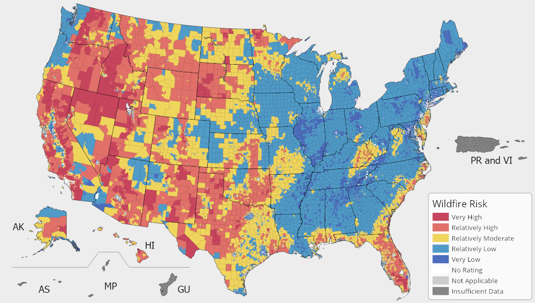 Wildfire risk across the U.S. Source: Federal Emergency Management Agency (FEMA) National Risk Index.